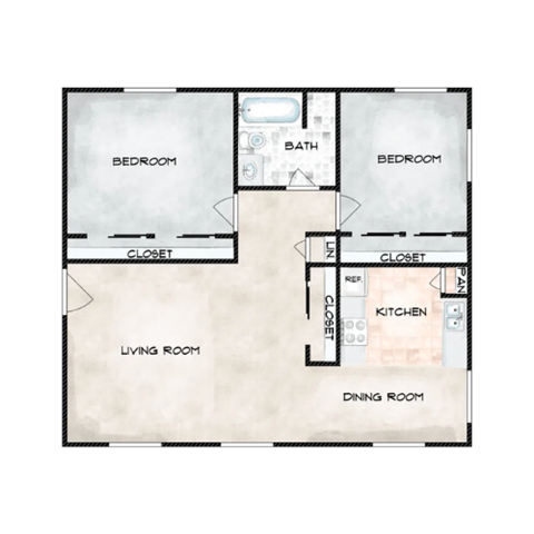 Floor plan for 2 beds, 1 bath, 858 sqft